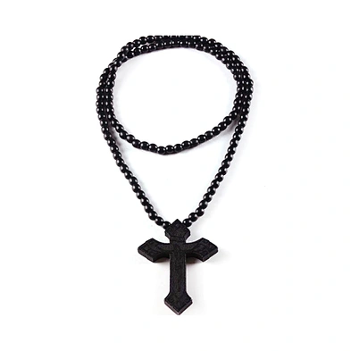 Custom Large Bead Charm Chain Necklace Cross Wood Pendant Jewellery