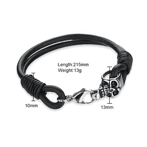 Flexible design bead with skull mens leather bracelets