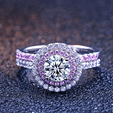 Double Halo Double Round Circle Clear And Pink Cz Silver 925 Wedding Ring