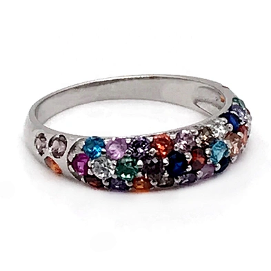 925 Sterling Silver Princess Cut Multi Color Cz Ring Pave Setting