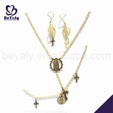 Trendy cross christian brass stylish 18k gold jewelry set