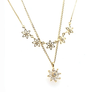 Double Strands Beautiful Gold Plated Cz Flower Design Gold Chains Necklace