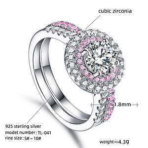 Double Halo Double Round Circle Clear And Pink Cz Silver 925 Wedding Ring