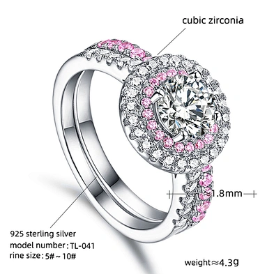 Double Halo Double Round Circle Clear And Pink Cz Silver 925 Wedding Ring
