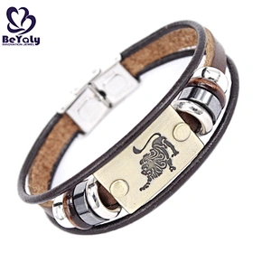Wholesale Love Zodiac Engraved Braided Leather Stainless Steel Women Bangle Bracelet Clasp