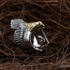 Punk Eagle Ring Gold Plating, Adjustable Plume Feather Ring Silver 925