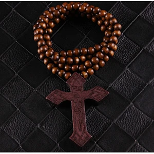 Custom Large Bead Charm Chain Necklace Cross Wood Pendant Jewellery