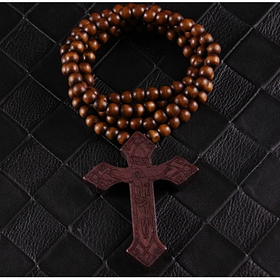 Custom Large Bead Charm Chain Necklace Cross Wood Pendant Jewellery