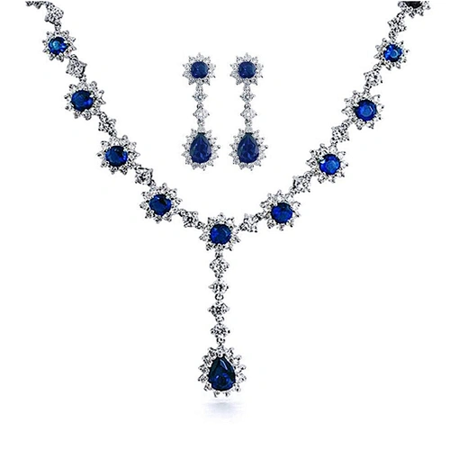 Long cz chain design bridal tiara necklace and earring set