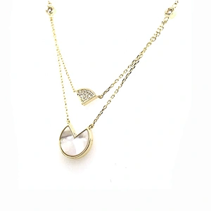 Two Strands Gold Chains Shell Round Cz Fanshaped Design Pendant Necklace