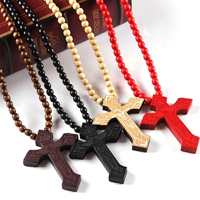 Custom Large Bead Charm Chain Necklace Cross Wood Pendant Jewellery