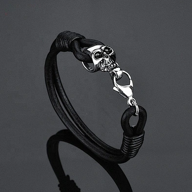 Flexible design bead with skull mens leather bracelets