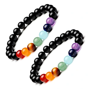 8mm Black Onyx Women Men Bohemia 7 Chakra Beaded Bracelet