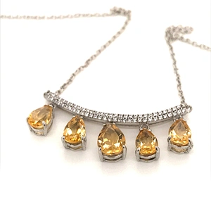 Five Yellow Amber Waterdrop Design Silver Bijou Pendant Statement Necklace