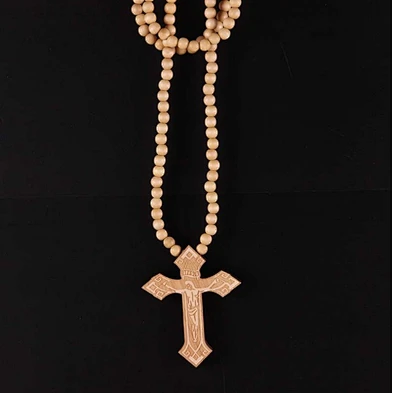 Custom Large Bead Charm Chain Necklace Cross Wood Pendant Jewellery