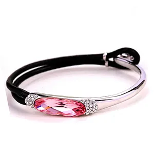 Fashion silver cz setting turquoise and leather bracelet