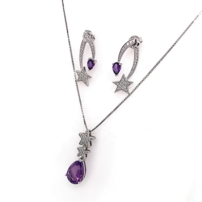 Star purple stone wedding necklace and bracelet and earring and ring set