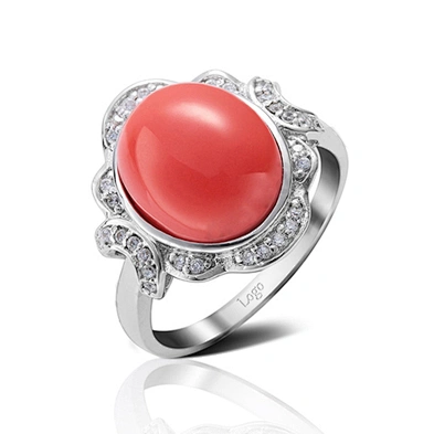 Fancy model design silver engraved red coral stone ring