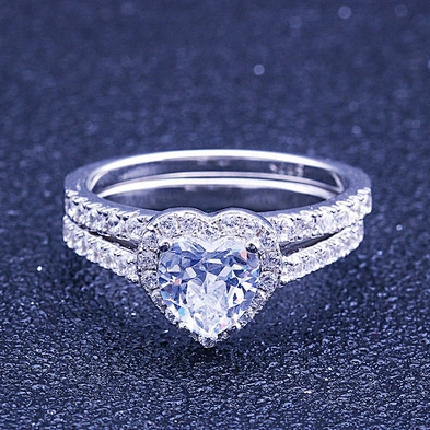 Double Halo Wedding Ring Sets, Heart Shaped Ring Designs For Girls