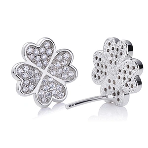White Gold Plating Silver Jewelry Leaf Clover Design Earrings For Women