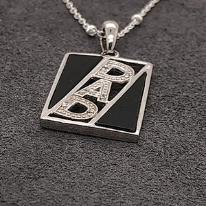Geometric Shape Black Enamel Silver DNA Alphabet Inlay Pave Diamond Pendant