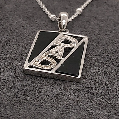 Geometric Shape Black Enamel Silver DNA Alphabet Inlay Pave Diamond Pendant