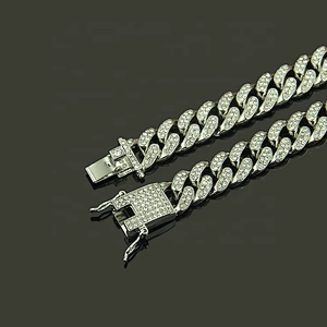 Iceout Hiphop Micro pave Rhinestone Cuban Link Chain Necklace Silver Color