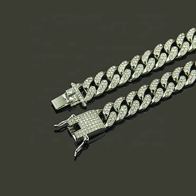 Iceout Hiphop Micro pave Rhinestone Cuban Link Chain Necklace Silver Color