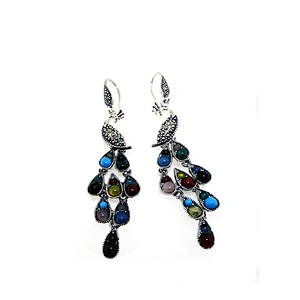 Antique silver turquoise chalcedony red pomegranate agate elegant peacock long ethnic style earrings