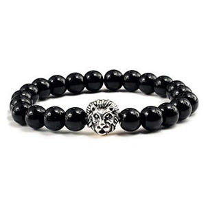 Customized silver lion engraved men beaded bracelet