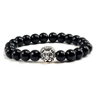 Customized silver lion engraved men beaded bracelet