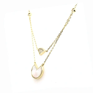 Two Strands Gold Chains Shell Round Cz Fanshaped Design Pendant Necklace