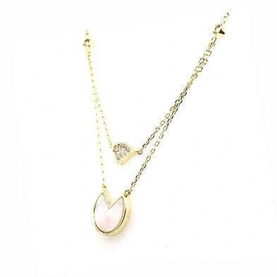 Two Strands Gold Chains Shell Round Cz Fanshaped Design Pendant Necklace