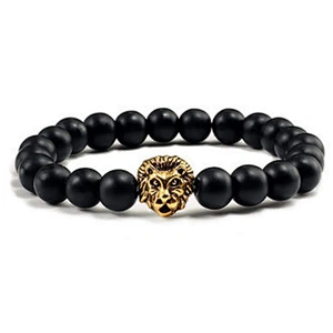Customized silver lion engraved men beaded bracelet
