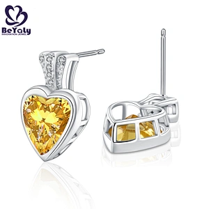 Plating platinum yellow stone solid silver heart earrings