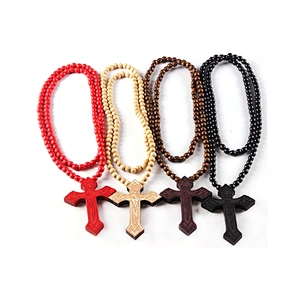 Custom Large Bead Charm Chain Necklace Cross Wood Pendant Jewellery
