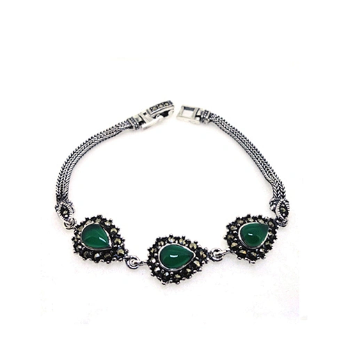 Antique Ladies Luxury Big Stone Beaded Quality Engraved Bangkok Handmade 92.5 Silver Bracelets