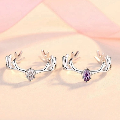 High Quality Zircon Inlay Cute Horn Black Deer Antler Couple Ring Set