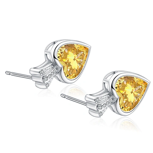 Plating platinum yellow stone solid silver heart earrings