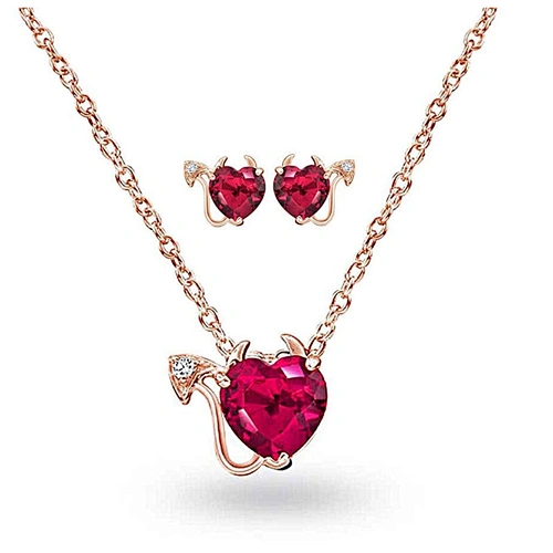 Red heart gemstone carved costume 18k gold plated jewelry set