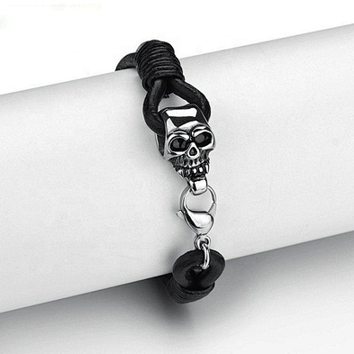 Flexible design bead with skull mens leather bracelets