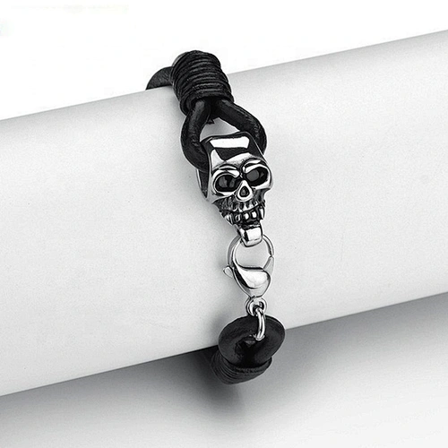 Flexible design bead with skull mens leather bracelets