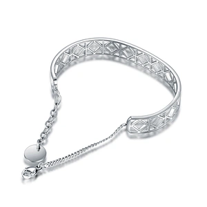 Adjustable 925 Silver Large Hollow-Out Band Diamond Bracelet For Women