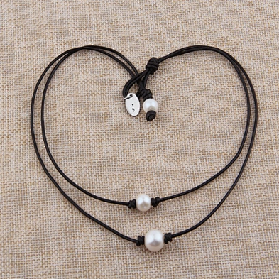 Cord chain choker jewelry pearl and leather necklace