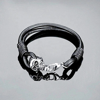 Flexible design bead with skull mens leather bracelets