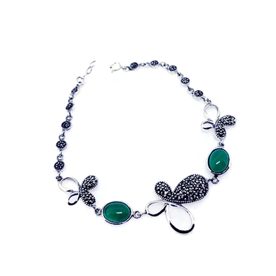Antique Ladies Luxury Big Stone Beaded Quality Engraved Bangkok Handmade 92.5 Silver Bracelets