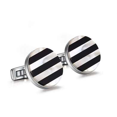 Black And White Stripe Fashion Design Cufflinks Round Stainless Steel
