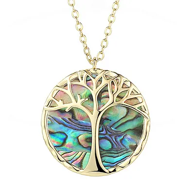 Vintage colored abalone natural stone tree of life pendant necklace