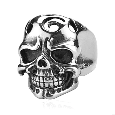 Skull design black stone appointment men`s stainless steel ring