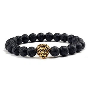 Customized silver lion engraved men beaded bracelet